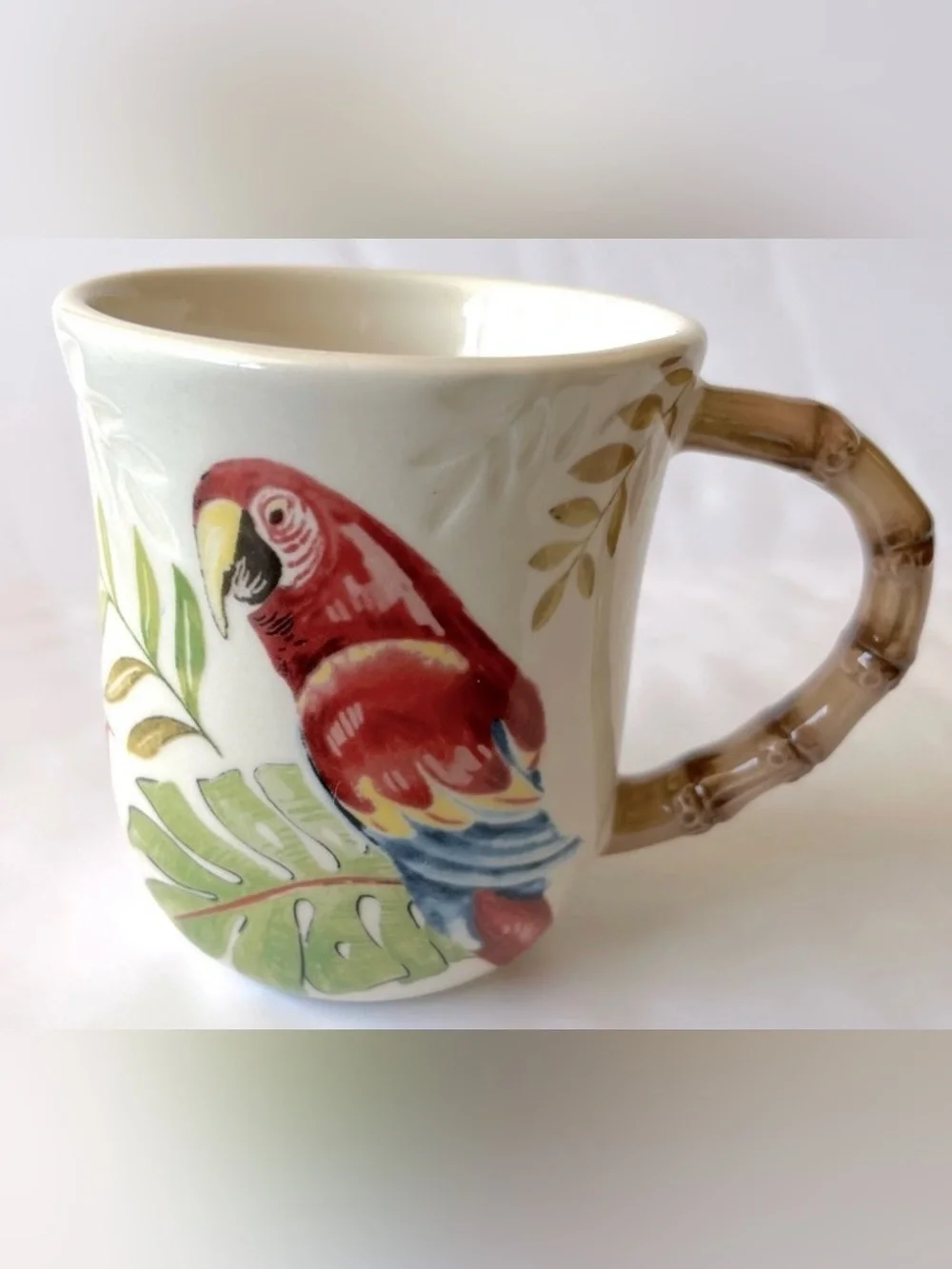 Pier 1 Vintage Red Parrot White Mug Cup Bamboo Handle 14oz